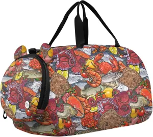 VIGTRO Yummy Seafood Fishes Pattern Kids Overnight Travel Duffel Bag Sport Gym Bag for Boys Girls with Shoe Compartment, Carry On Weekender Luggage Bag for Dance Swim Yoga