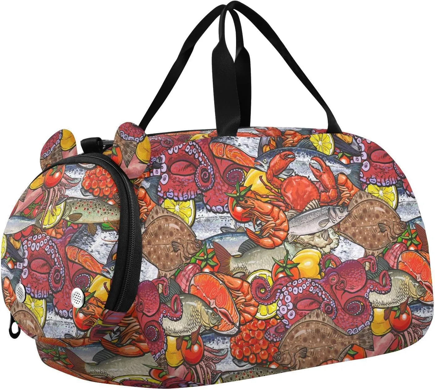 VIGTRO Yummy Seafood Fishes Pattern Kids Overnight Travel Duffel Bag Sport Gym Bag for Boys Girls with Shoe Compartment, Carry On Weekender Luggage Bag for Dance Swim Yoga