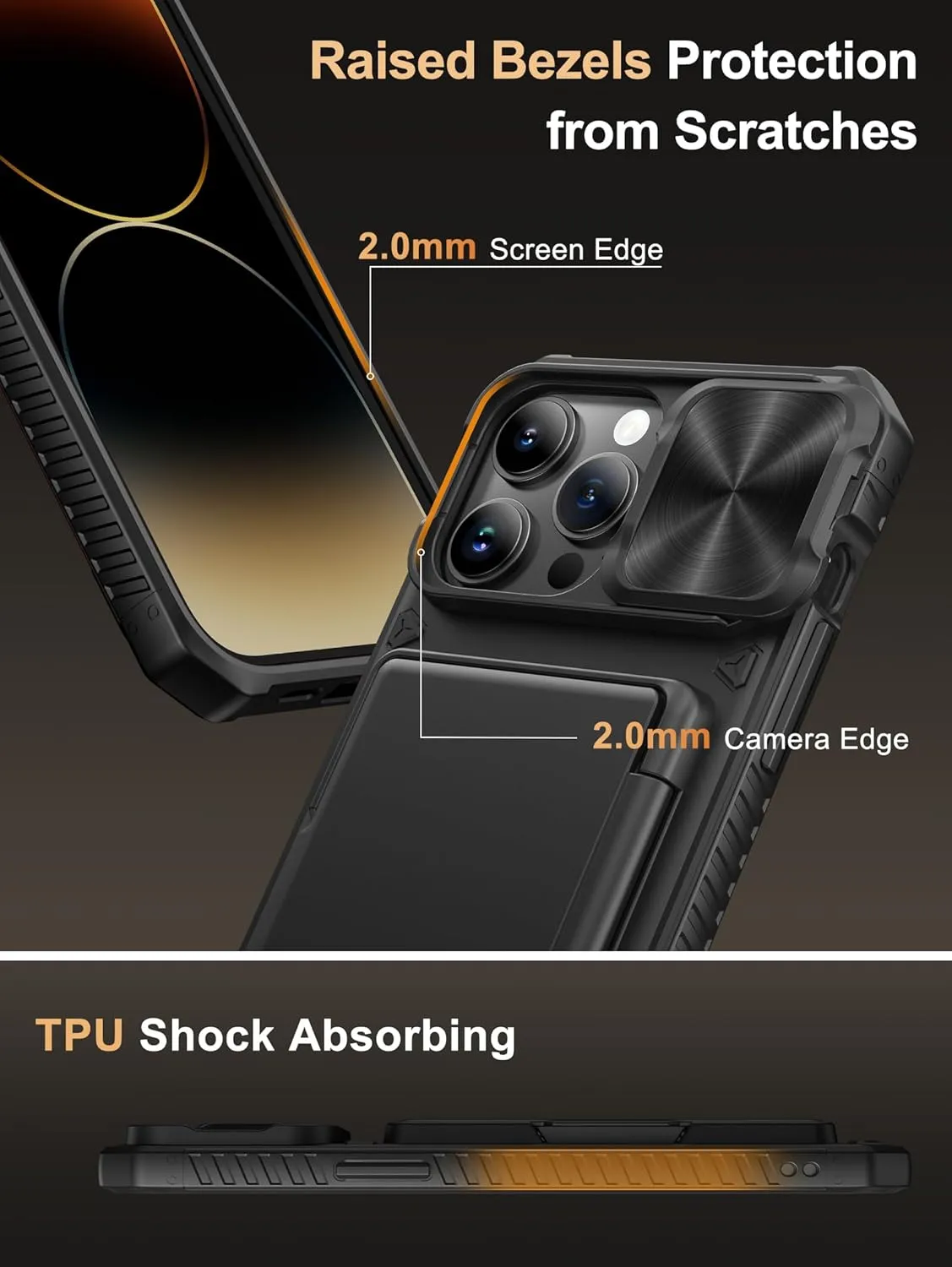 Vihibii for iPhone 14 Pro Max Case with Card Holder (4 Cards) [RFID Blocking] & Slide Camera Cover, Military Grade Drop Protection, Rugged Hard Back & Silicone Edge Wallet Case, 6.7" 2022, Black
