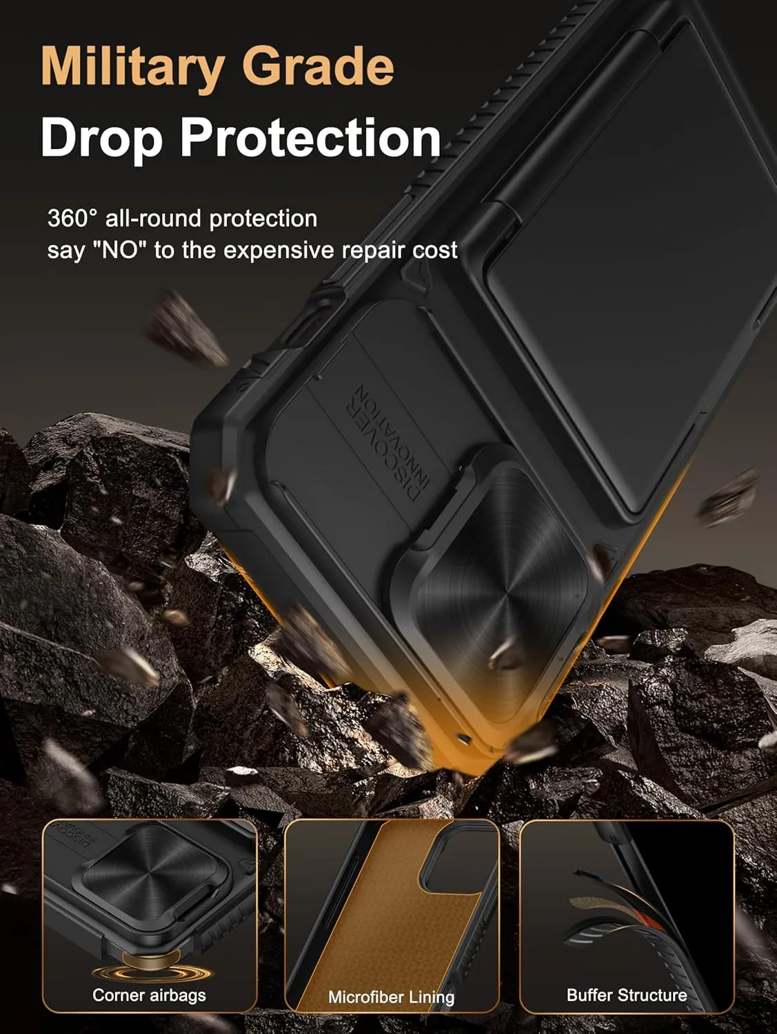 Vihibii for iPhone 14 Pro Max Case with Card Holder (4 Cards) [RFID Blocking] & Slide Camera Cover, Military Grade Drop Protection, Rugged Hard Back & Silicone Edge Wallet Case, 6.7" 2022, Black
