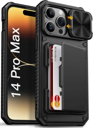 Vihibii for iPhone 14 Pro Max Case with Card Holder (4 Cards) [RFID Blocking] & Slide Camera Cover, Military Grade Drop Protection, Rugged Hard Back & Silicone Edge Wallet Case, 6.7" 2022, Black