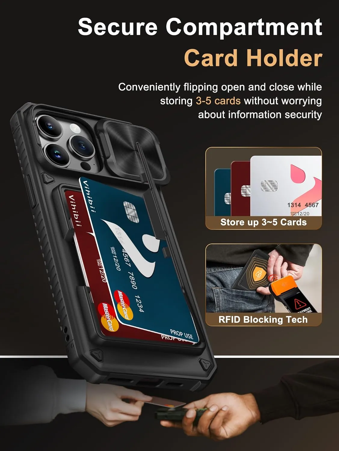 Vihibii for iPhone 14 Pro Max Case with Card Holder (4 Cards) [RFID Blocking] & Slide Camera Cover, Military Grade Drop Protection, Rugged Hard Back & Silicone Edge Wallet Case, 6.7" 2022, Black