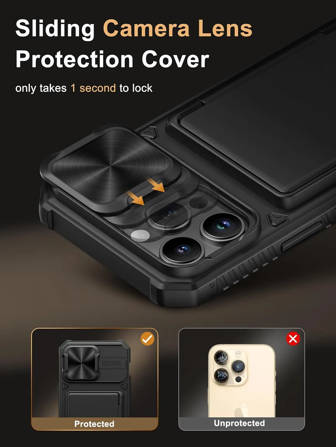 Vihibii for iPhone 14 Pro Max Case with Card Holder (4 Cards) [RFID Blocking] & Slide Camera Cover, Military Grade Drop Protection, Rugged Hard Back & Silicone Edge Wallet Case, 6.7" 2022, Black