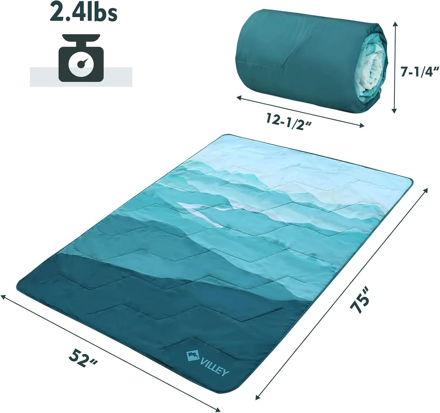 VILLEY Picnic Blanket, 3-Layer Camping Blanket 52"x75", Machine Washable, Water Repellent and Sandproof, Packable and Portable for Camping, Travel, Park, Beach and Indoor Use
