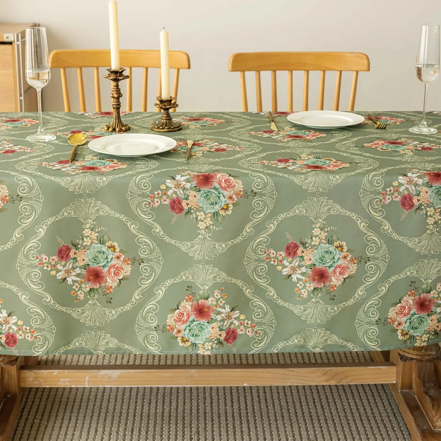 Vintage Floral Rectangle Tablecloth Shabby Chic Flower Table Cloth Spring Table Cover Waterproof for Dinner Kitchen Picnic, Olive Green, 60x84 Inches