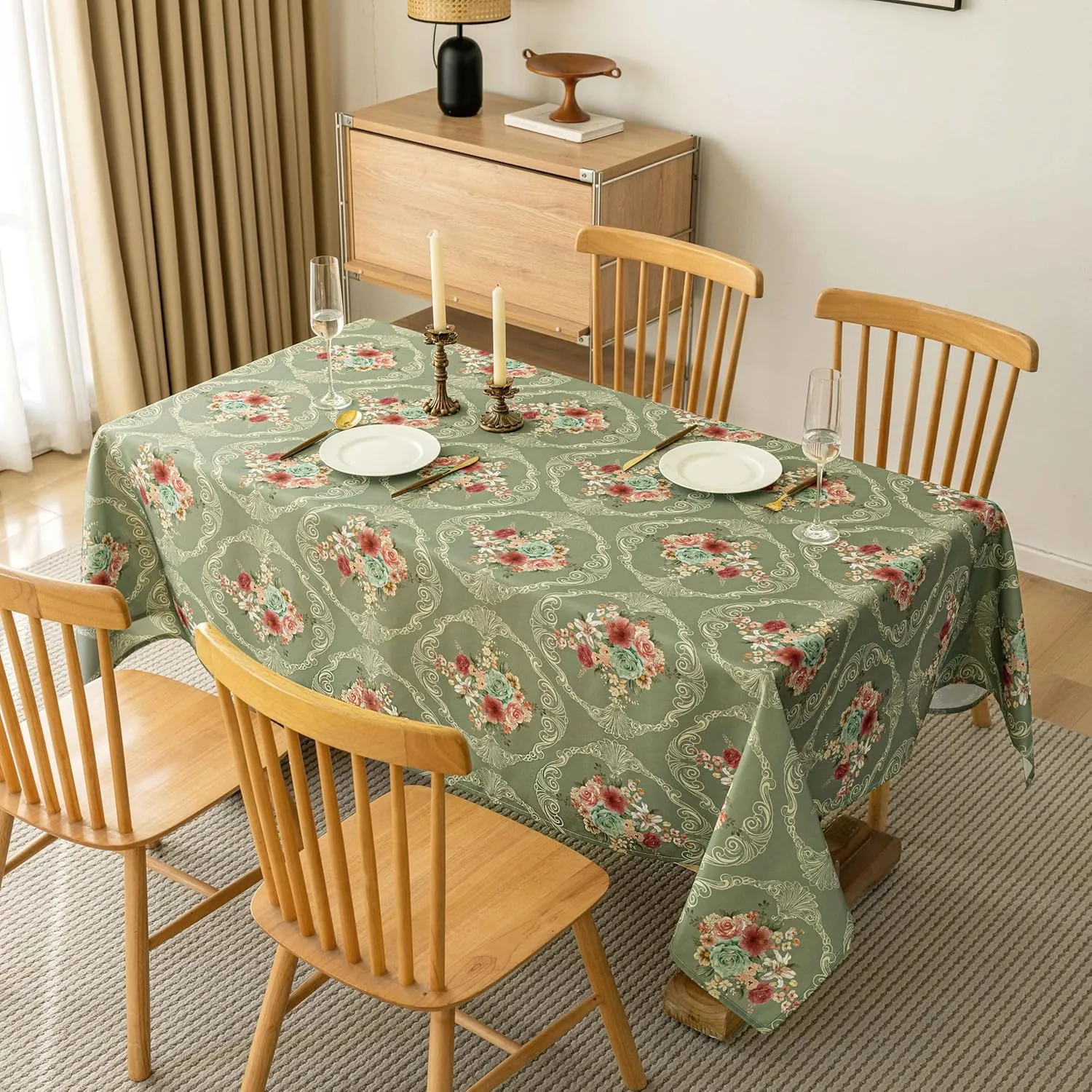 Vintage Floral Rectangle Tablecloth Shabby Chic Flower Table Cloth Spring Table Cover Waterproof for Dinner Kitchen Picnic, Olive Green, 60x84 Inches