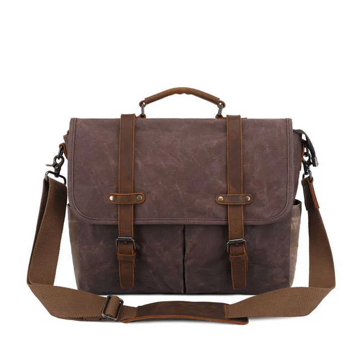 Vintage Waxed Canvas Messenger Bag with Leather Accents