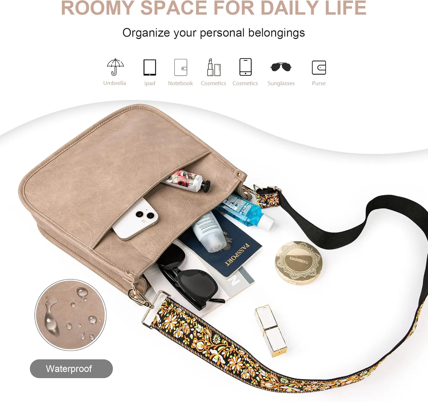Viva Terry Vegan Leather Crossbody Fashion Shoulder Bag Purse with Adjustable Strap