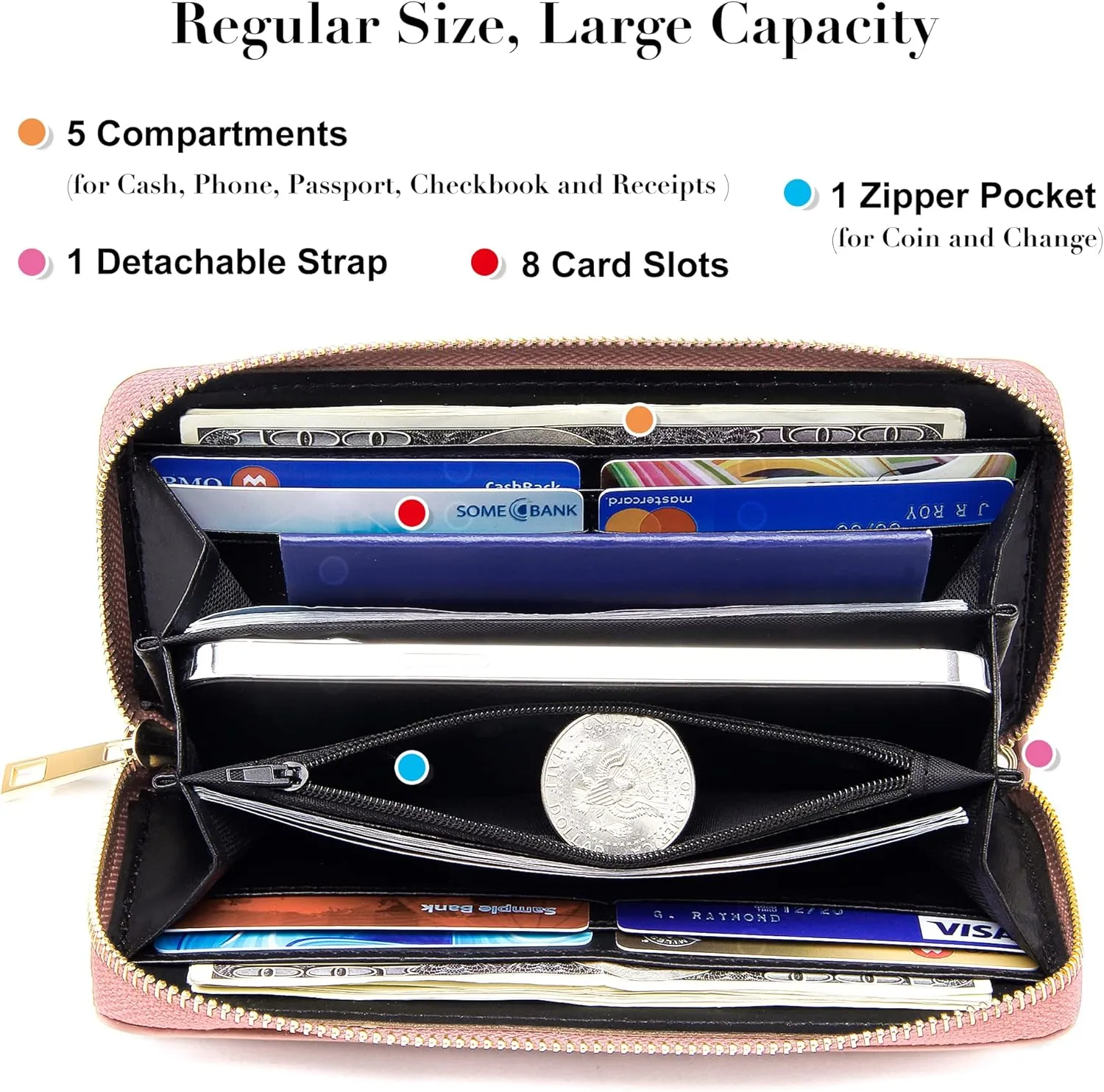VOCUS Womens Wristlet Wallet Zip Around Clutch Wallet Large RFID Blocking PU Leather Bifold with Phone Holder for Travel