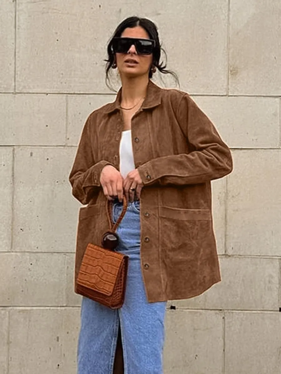 VOIKERDR Faux Suede Shackets for Women Long Sleeve Button Up Shirt Women with Pockets Spring Outfits for Women 2025