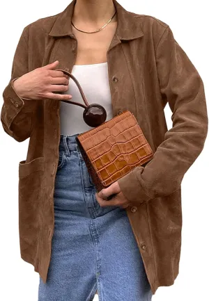 VOIKERDR Faux Suede Shackets for Women Long Sleeve Button Up Shirt Women with Pockets Spring Outfits for Women 2025