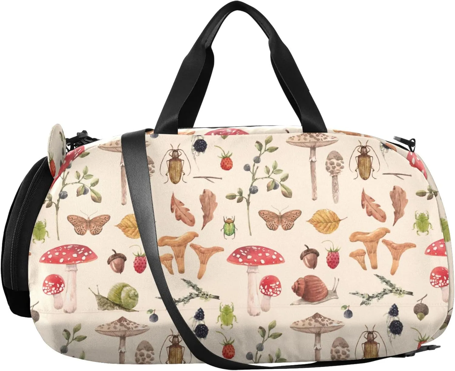 Watercolor Pattern Autumn Mushroom Gym Duffel Bag with Shoes Compartment Large Capacity Overnight Travel Weekender Tote for Travel, Swimming, Dance