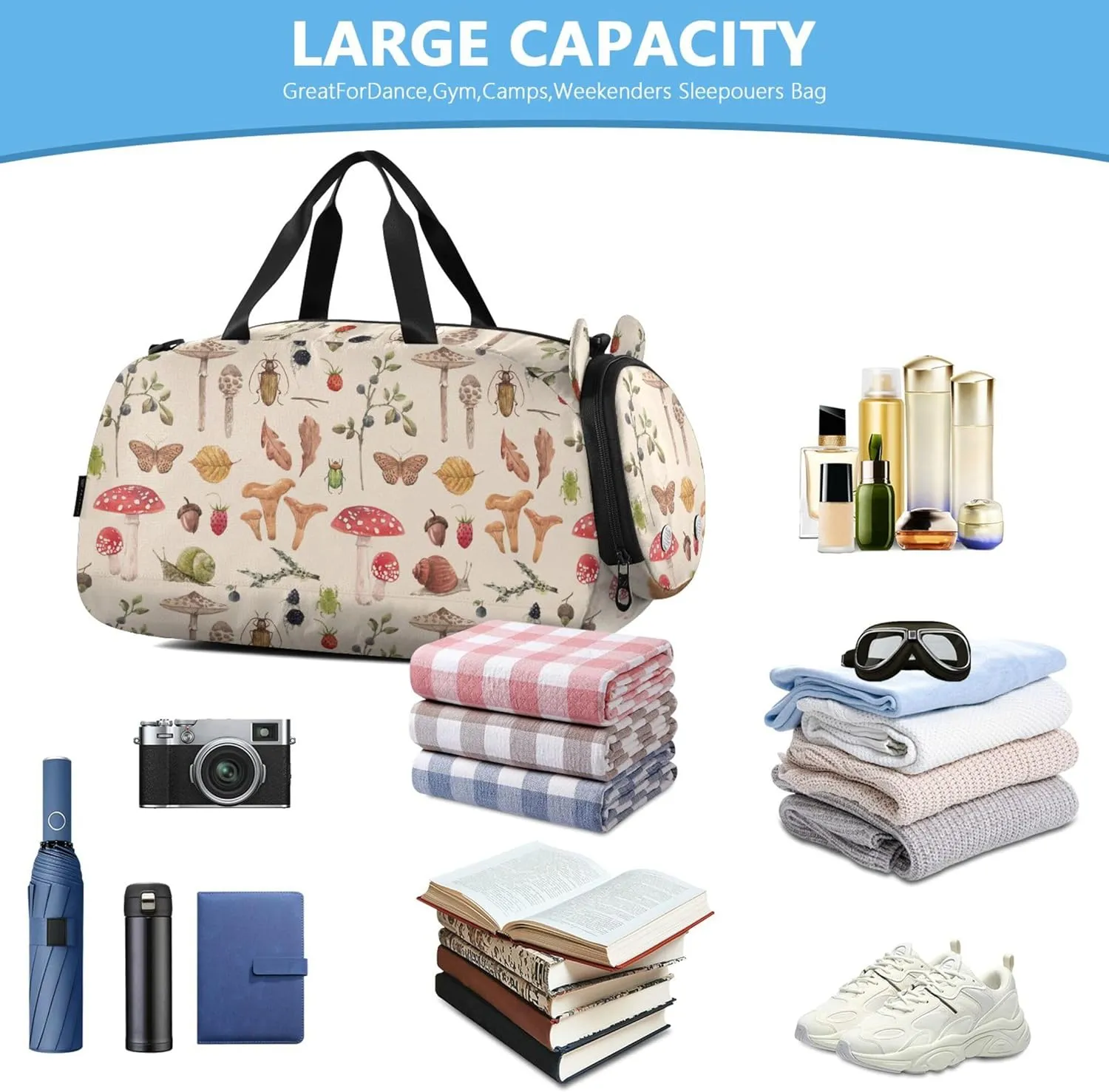 Watercolor Pattern Autumn Mushroom Gym Duffel Bag with Shoes Compartment Large Capacity Overnight Travel Weekender Tote for Travel, Swimming, Dance