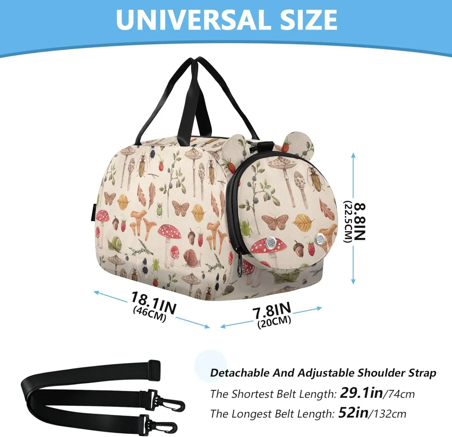 Watercolor Pattern Autumn Mushroom Gym Duffel Bag with Shoes Compartment Large Capacity Overnight Travel Weekender Tote for Travel, Swimming, Dance