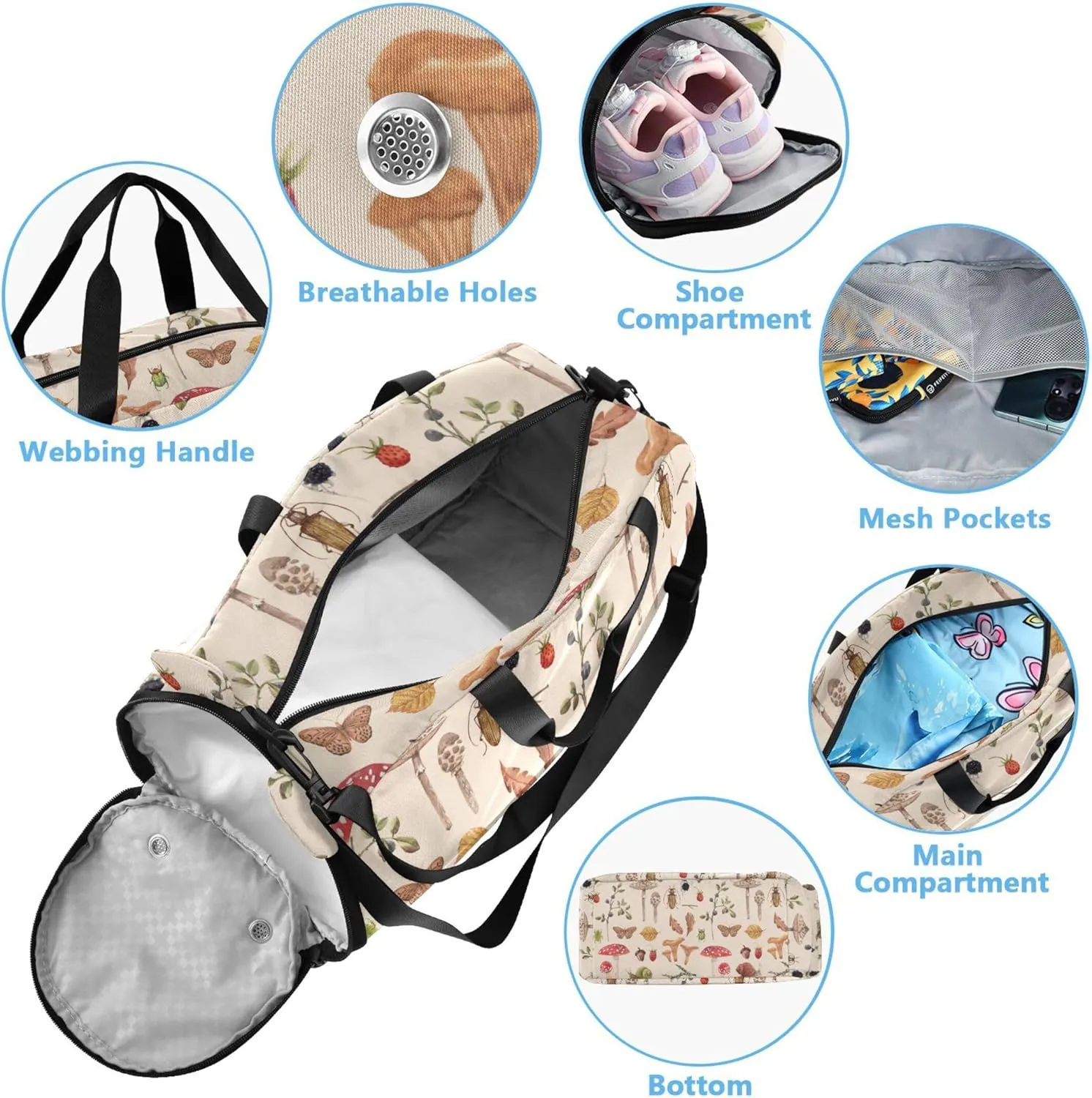 Watercolor Pattern Autumn Mushroom Gym Duffel Bag with Shoes Compartment Large Capacity Overnight Travel Weekender Tote for Travel, Swimming, Dance