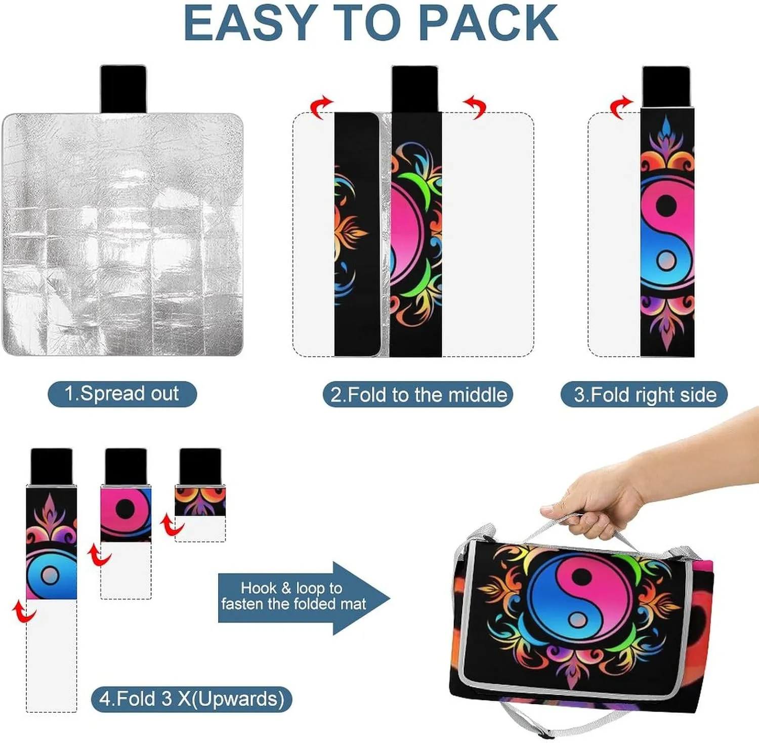 Waterproof Beach Blanket with Carry Strap, Lightweight and Durable Magic Yin Yang Art Mat for Camping Park Travel Beach Accessories