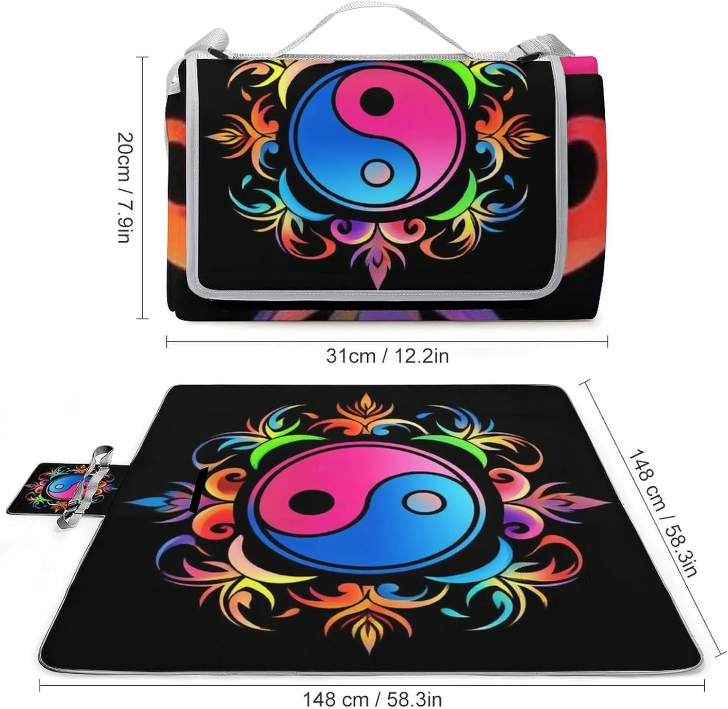 Waterproof Beach Blanket with Carry Strap, Lightweight and Durable Magic Yin Yang Art Mat for Camping Park Travel Beach Accessories