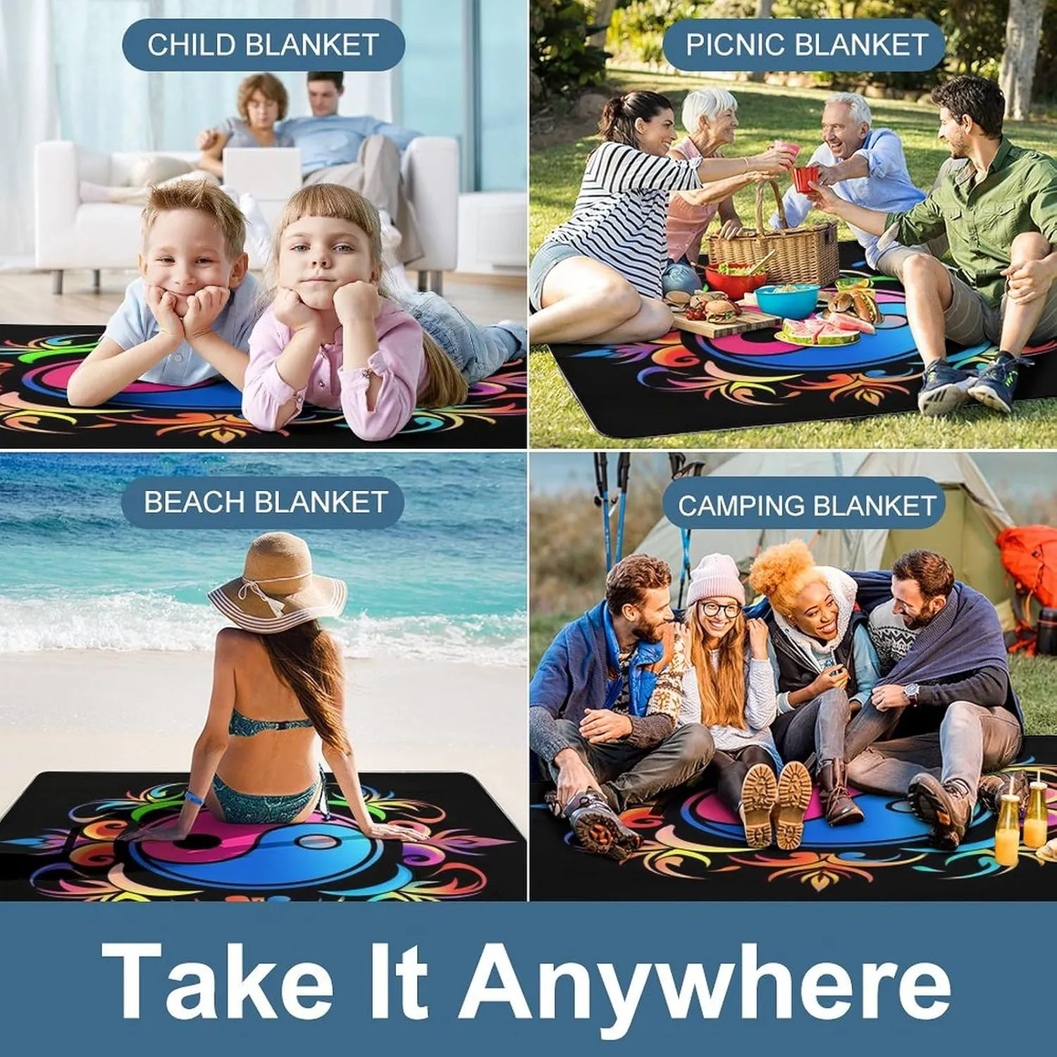 Waterproof Beach Blanket with Carry Strap, Lightweight and Durable Magic Yin Yang Art Mat for Camping Park Travel Beach Accessories