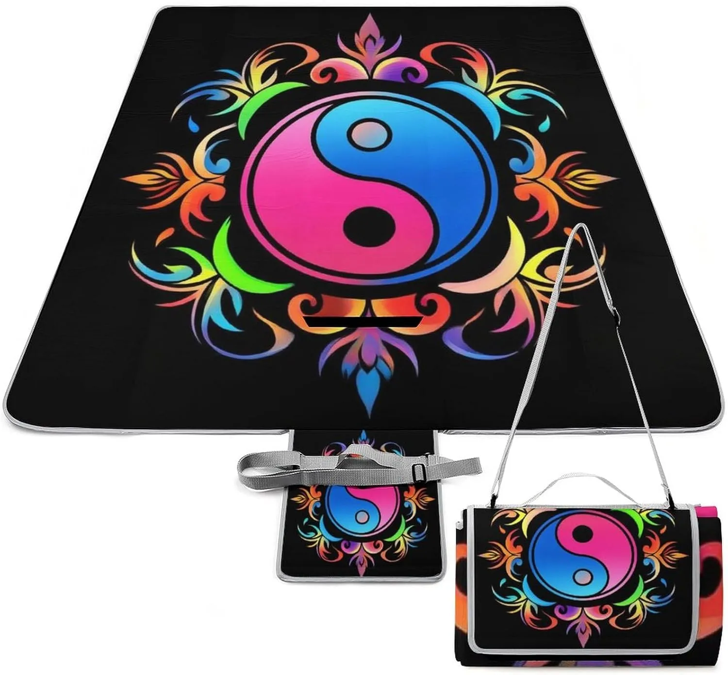Waterproof Beach Blanket with Carry Strap, Lightweight and Durable Magic Yin Yang Art Mat for Camping Park Travel Beach Accessories