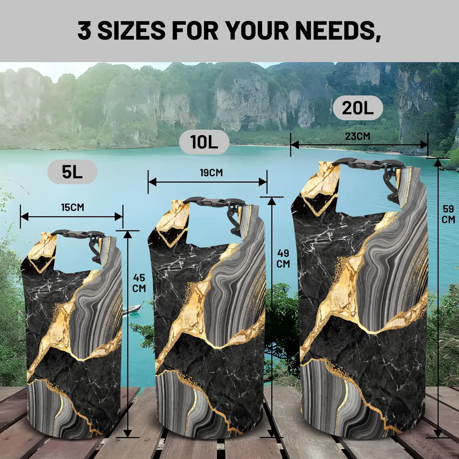Waterproof Dry Bag,Roll Top Marble Small Waterproof Backpack 5L/10L/20L Floating and Lightweight Bags for Kayaking, Boating, Fishing, Swimming and Camping