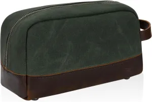 Waxed Canvas and Leather Toiletry Bag, Vintage Style Dopp Kit (Forest Green)