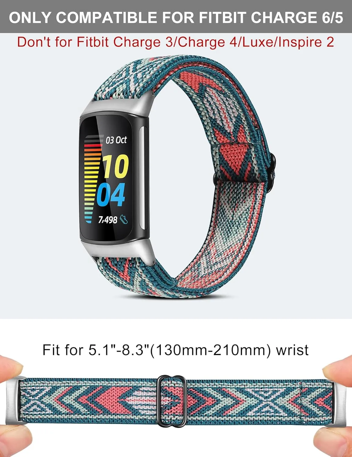 Wearlizer 3 Packs Adjustable Elastic Band Compatible with Fitbit Charge 6/5 Bands, Stretchy Loop Strap Soft Nylon Sport Wristband Accessories for Charge 6/5 Fitness Tracker