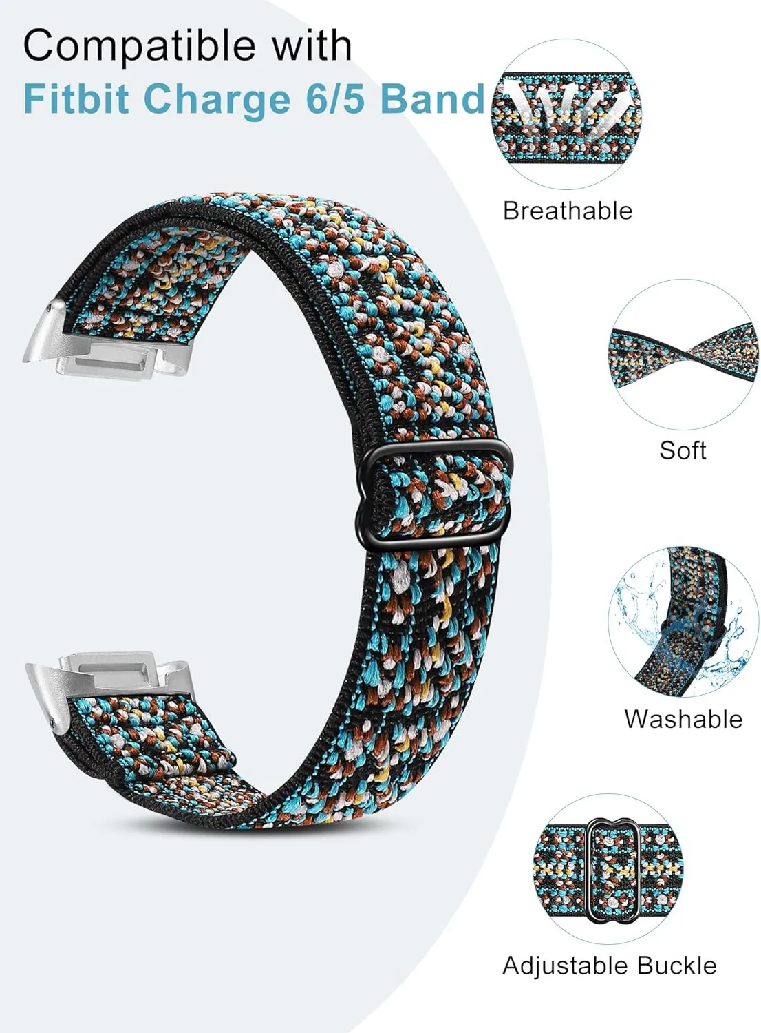Wearlizer 3 Packs Adjustable Elastic Band Compatible with Fitbit Charge 6/5 Bands, Stretchy Loop Strap Soft Nylon Sport Wristband Accessories for Charge 6/5 Fitness Tracker