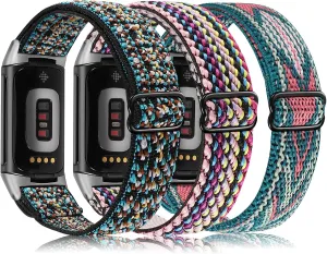 Wearlizer 3 Packs Adjustable Elastic Band Compatible with Fitbit Charge 6/5 Bands, Stretchy Loop Strap Soft Nylon Sport Wristband Accessories for Charge 6/5 Fitness Tracker