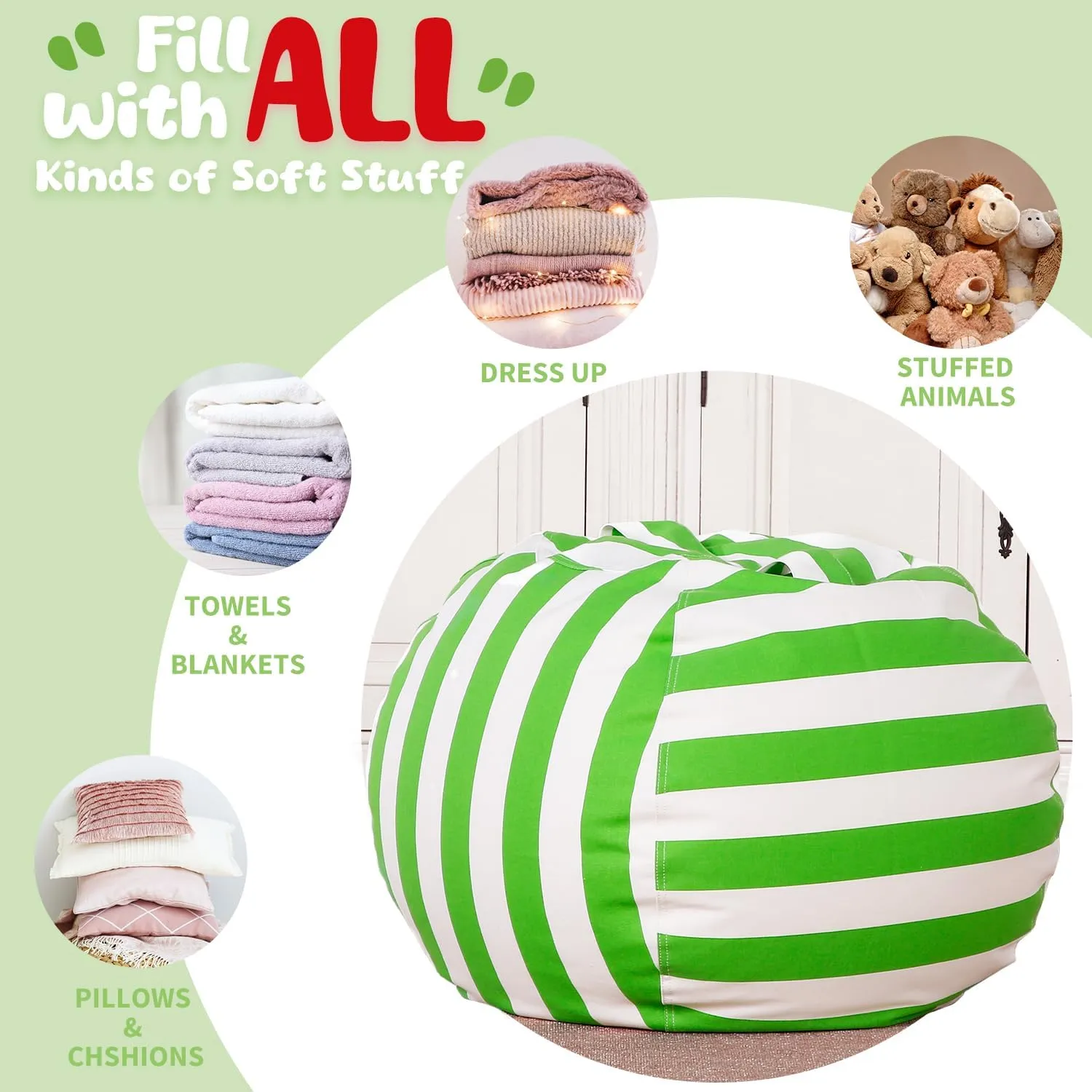 Wekapo Stuffed Animal Storage Bean Bag Chair Cover for Kids | Stuffable Zipper Beanbag for Organizing Children Plush Toys Large Premium Cotton Canvas (Green, X-Large)