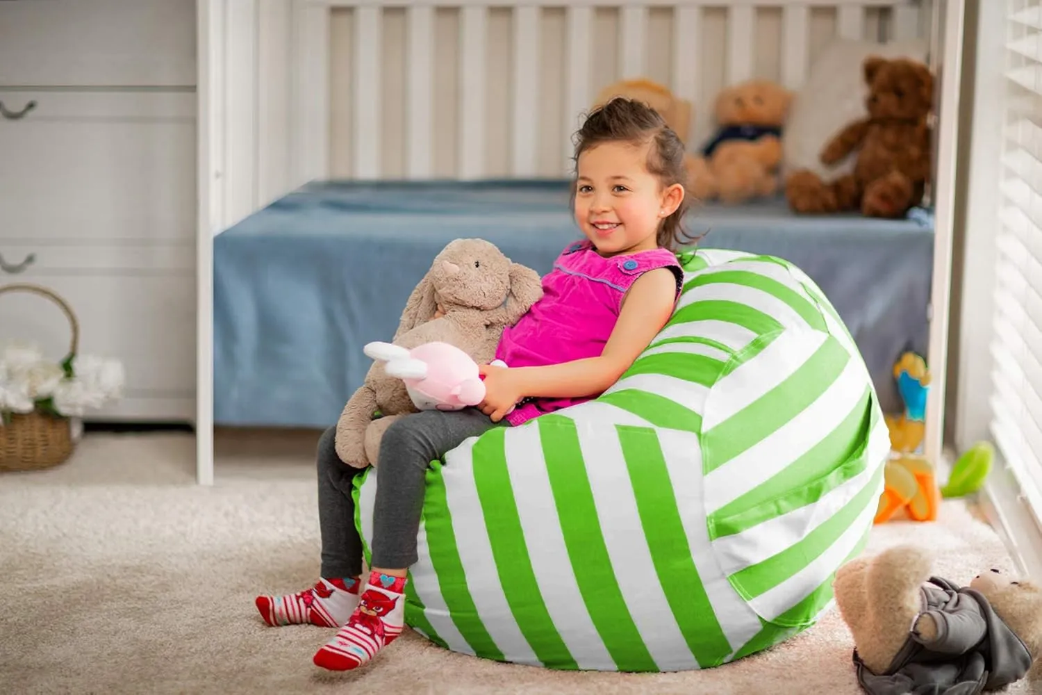 Wekapo Stuffed Animal Storage Bean Bag Chair Cover for Kids | Stuffable Zipper Beanbag for Organizing Children Plush Toys Large Premium Cotton Canvas (Green, X-Large)