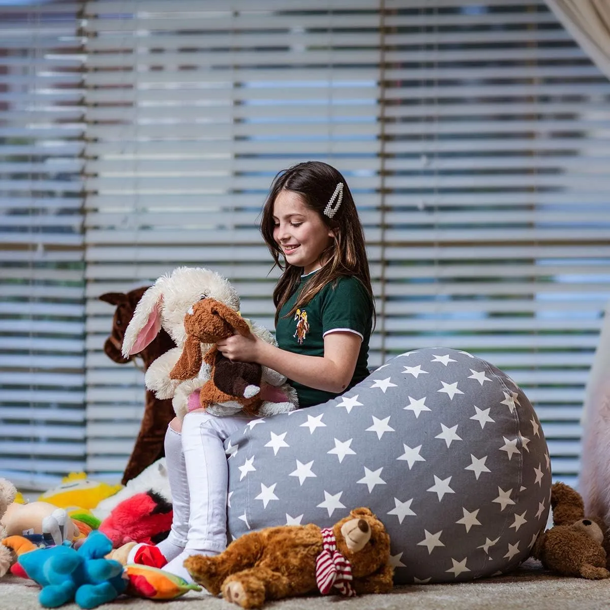 Wekapo Stuffed Animal Storage Bean Bag Chair Cover for Kids | Stuffable Zipper Beanbag for Organizing Children Plush Toys Large Premium Cotton Canvas (Grey star, X-Large)