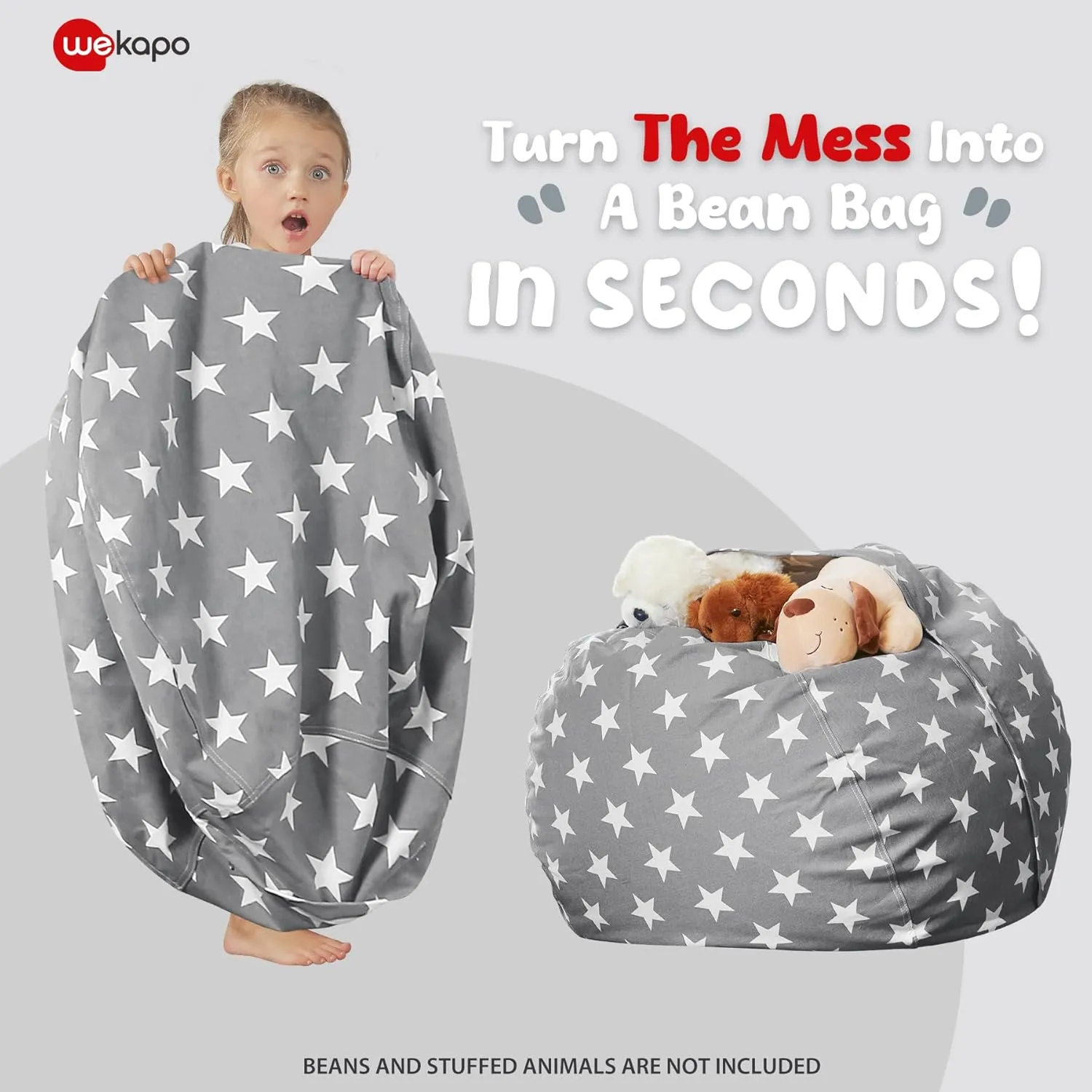Wekapo Stuffed Animal Storage Bean Bag Chair Cover for Kids | Stuffable Zipper Beanbag for Organizing Children Plush Toys Large Premium Cotton Canvas (Grey star, X-Large)