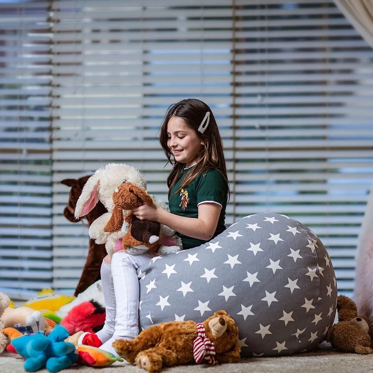 Wekapo Stuffed Animal Storage Bean Bag Chair Cover for Kids | Stuffable Zipper Beanbag for Organizing Children Plush Toys Large Premium Cotton Canvas (Grey Star, XX-Large)