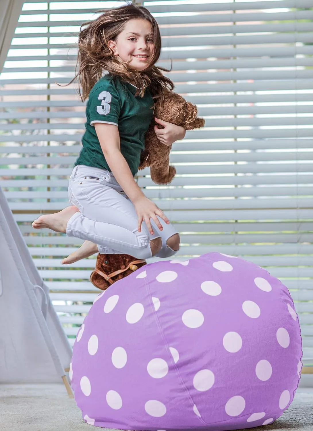 Wekapo Stuffed Animal Storage Bean Bag Chair Cover for Kids | Stuffable Zipper Beanbag for Organizing Children Plush Toys Large Premium Cotton Canvas (Purple Dot, X-Large)