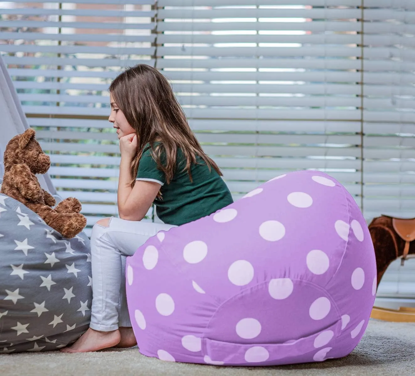 Wekapo Stuffed Animal Storage Bean Bag Chair Cover for Kids | Stuffable Zipper Beanbag for Organizing Children Plush Toys Large Premium Cotton Canvas (Purple Dot, X-Large)