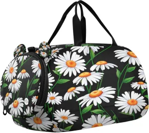 White Daisies Youth Sports & Travel Duffle Bag with Shoe Compartment,Waterproof Gym Bag for Girls and Boys (Overnight Essentials Organizer)