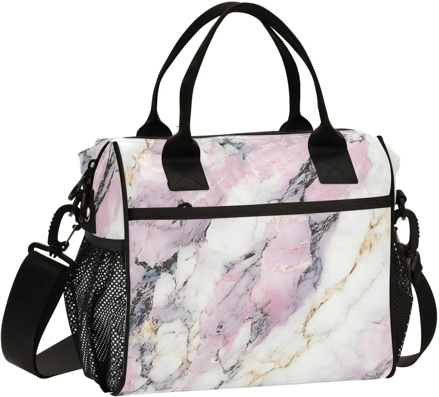 White Pink Marble with Hints Of Black and Gold Pattern Small Lunch Box for Men Women Adults Insulated Lunch Bag Cooler Bag with Adjustable Shoulder Strap for Work Picnic Travel