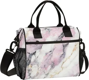 White Pink Marble with Hints Of Black and Gold Pattern Small Lunch Box for Men Women Adults Insulated Lunch Bag Cooler Bag with Adjustable Shoulder Strap for Work Picnic Travel