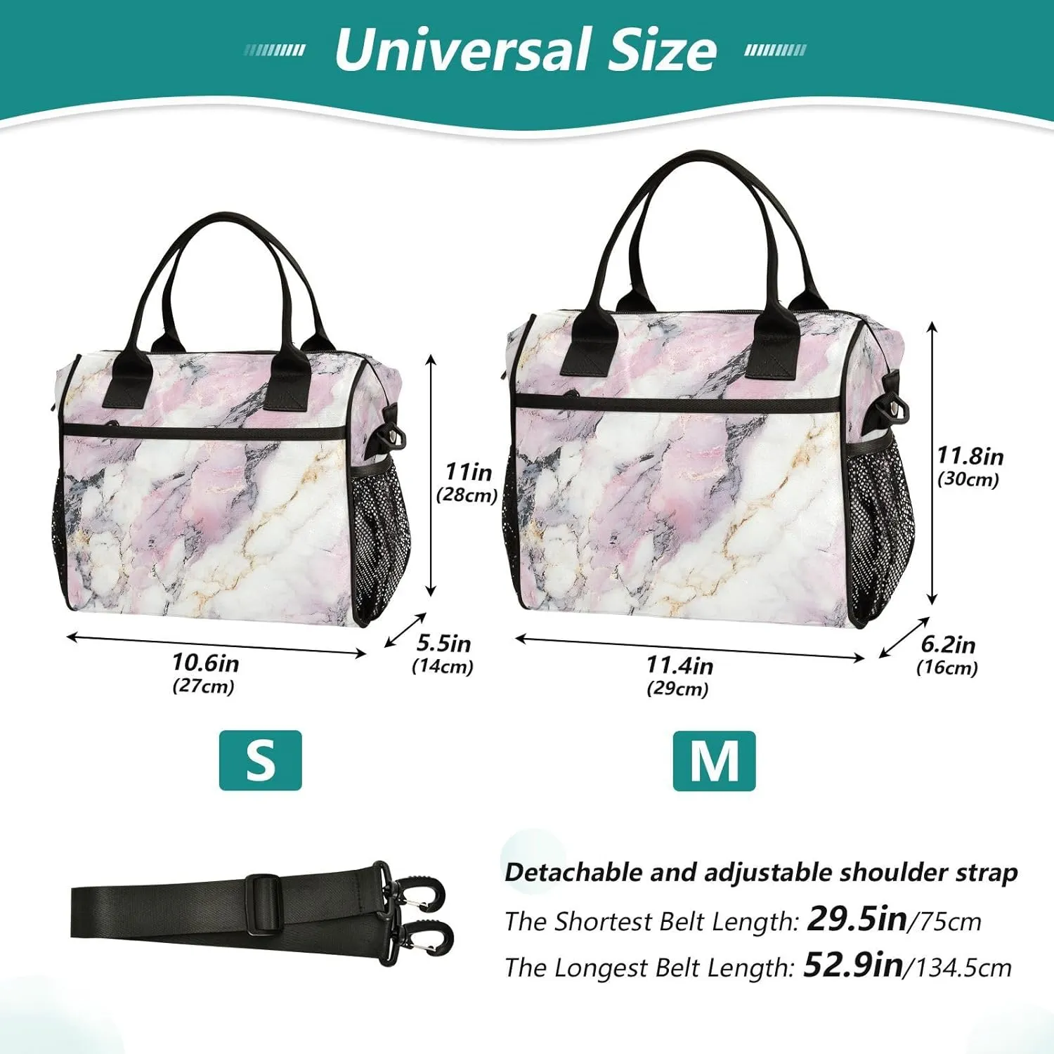 White Pink Marble with Hints Of Black and Gold Pattern Small Lunch Box for Men Women Adults Insulated Lunch Bag Cooler Bag with Adjustable Shoulder Strap for Work Picnic Travel