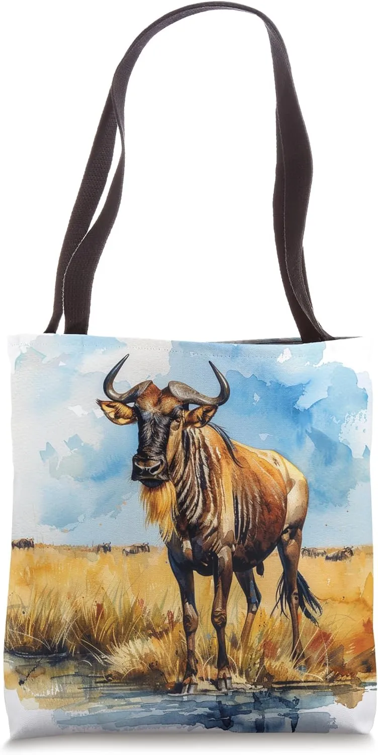 Wildebeest Sky Clouds River Watercolor Graphic Tote Bag