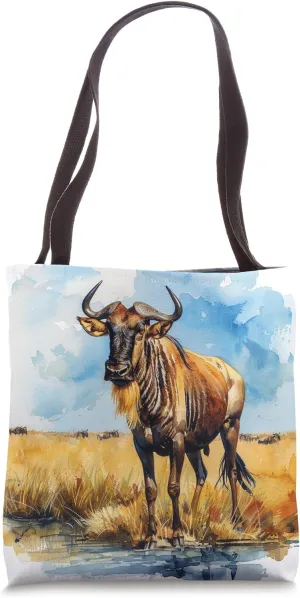 Wildebeest Sky Clouds River Watercolor Graphic Tote Bag