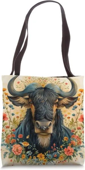 Wildebeest With Flowers Around Boho Style Graphic Tote Bag