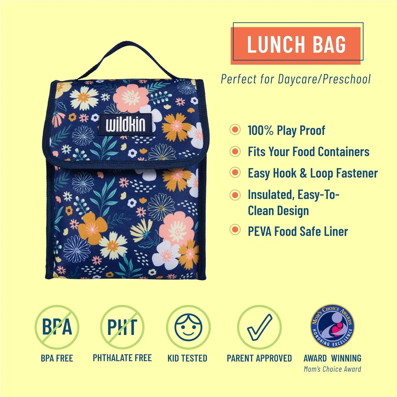 Wildkin Kids Insulated Lunch Bag – Reusable, Ideal for Hot/Cold Snacks, School & Travel - Wildflower Bloom
