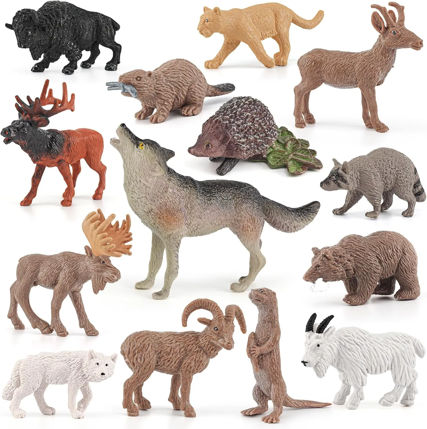 Wildlife Animal Model Playsets 14 PCS North American Animal Green Wolf Echidna Figures Figurine Family Party Favors Supplies Cake Toppers Set Toys for 5 6 7 8 Years Old Boys Girls Kids