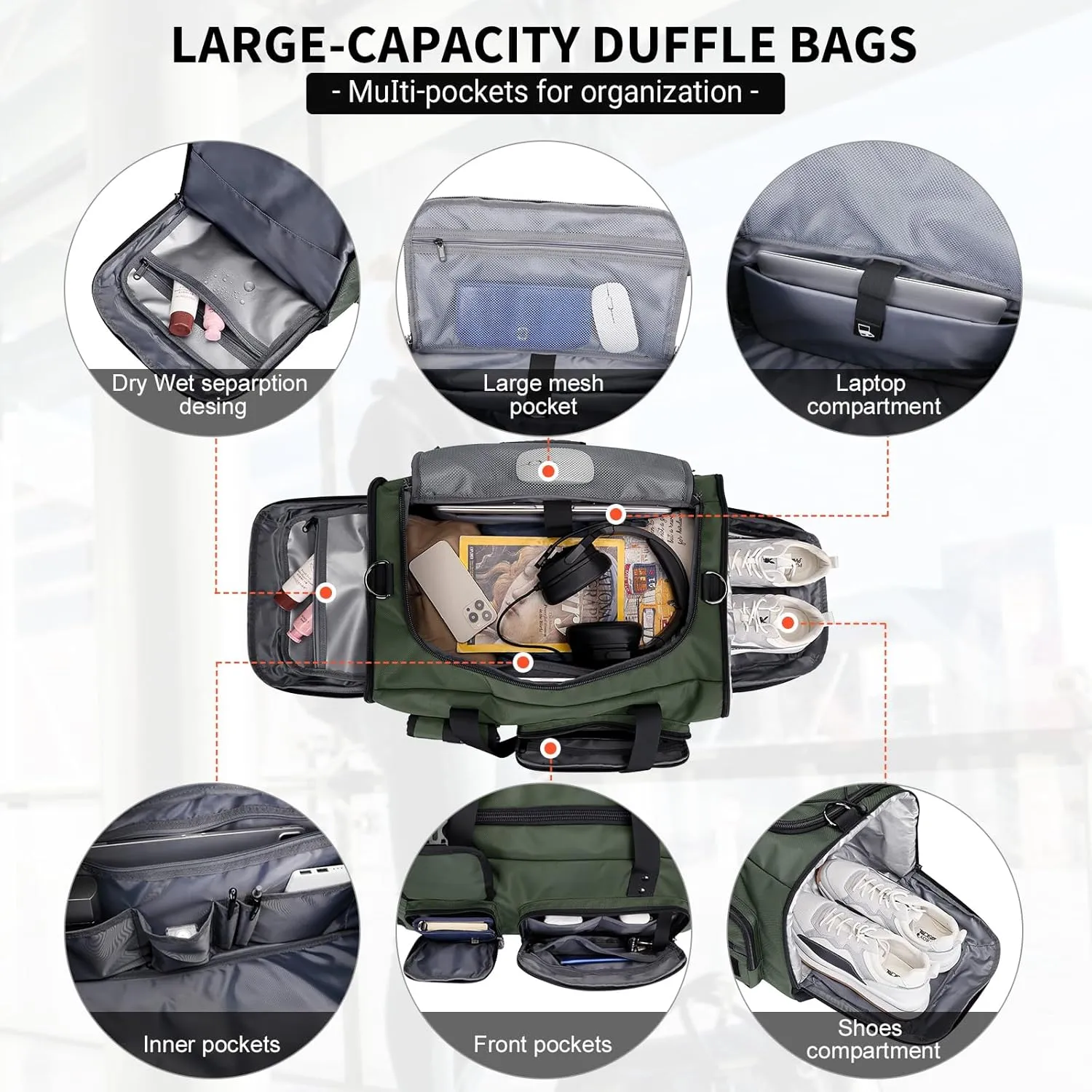 WITZMAN Travel Duffel Bags for Men Large Carry On Weekender Overnight Bag 3 in 1 Backpack with Shoe Compartment (B693 Army Green）