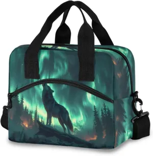 Wolf on Top Of Old Tree Log Howling at The Moon Beautiful Night Sky with Northern Boreal Lights Anim Lunch Box for Men Women Adults Insulated Lunch Bag Cooler Bag with Adjustable Shoulder Strap for Wo