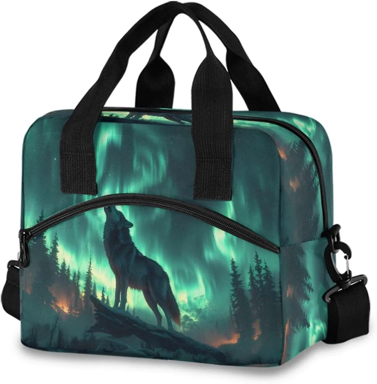 Wolf on Top Of Old Tree Log Howling at The Moon Beautiful Night Sky with Northern Boreal Lights Anim Lunch Box for Men Women Adults Insulated Lunch Bag Cooler Bag with Adjustable Shoulder Strap for Wo