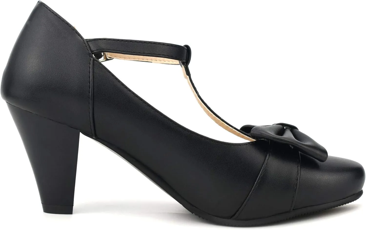 Women Bow Vintage Shoes Block Black High Heels Mary Janes Closed Toe T-Strap Pumps Comfort Rockabilly Shoes