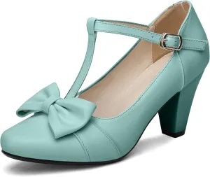 Women Bow Vintage Shoes Block Black High Heels Mary Janes Closed Toe T-Strap Pumps Comfort Rockabilly Shoes