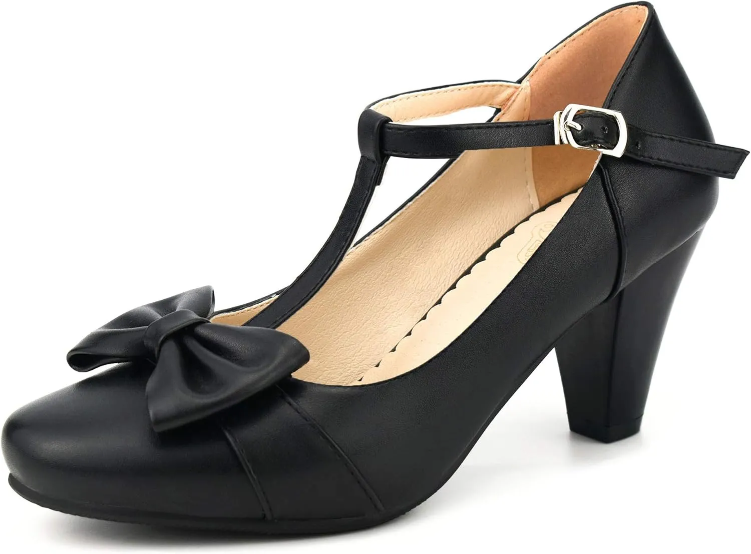 Women Bow Vintage Shoes Block Black High Heels Mary Janes Closed Toe T-Strap Pumps Comfort Rockabilly Shoes